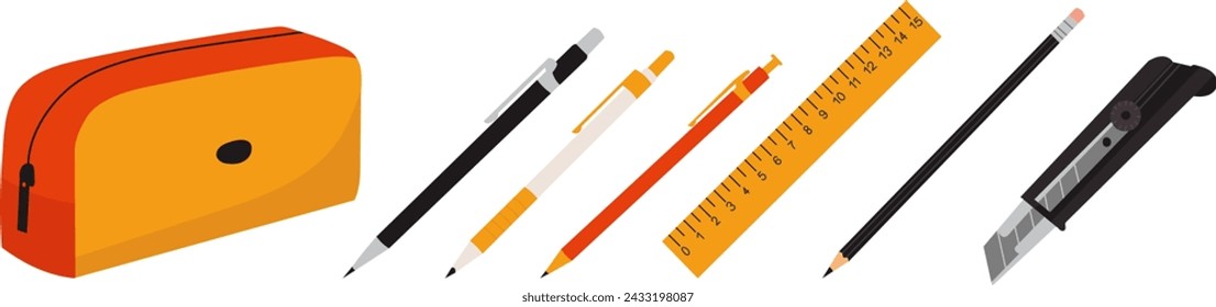 set of pencil case, pens, pencil, ruler, on a white background vector