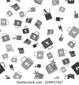 Set Pencil case stationery, Delete file document, Coffee cup and Coffee cup flat on seamless pattern. Vector