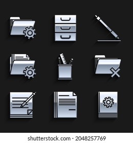 Set Pencil case stationery, File document, User manual, Delete folder, Blank notebook and pen, Folder settings with gears, line and  icon. Vector