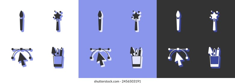 Set Pencil case stationery, Paint brush, Bezier curve and Magic wand icon. Vector