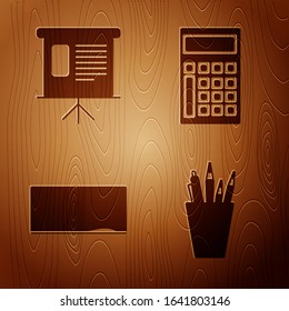 Set Pencil case stationery, Presentation financial board with graph, schedule, chart, diagram, infographic, pie graph, Chalkboard and Calculator on wooden background. Vector