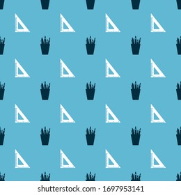 Set Pencil case stationery and Triangular ruler on seamless pattern. Vector