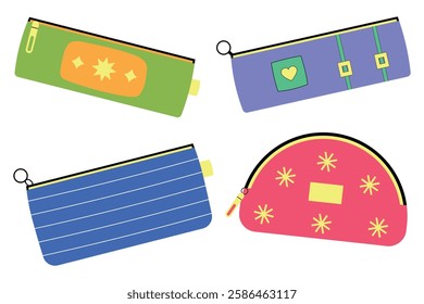 Set of pencil cases. Collection of school pencil cases. Vector illustration in flat style.