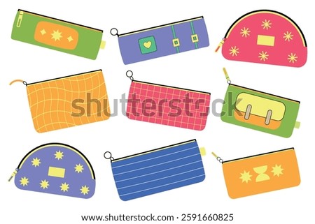 Set of pencil cases. Collection of school pencil cases in flat style. Vector illustration.