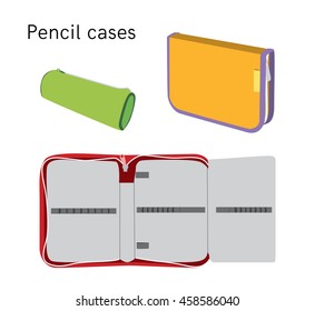 Set of pencil cases isolated on white background. Closed and opened empty pencil boxes.