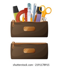 A set of pencil cases with a zipper with stationery and an empty one. For use by schoolchildren and students, in the office, at work. Vector illustration