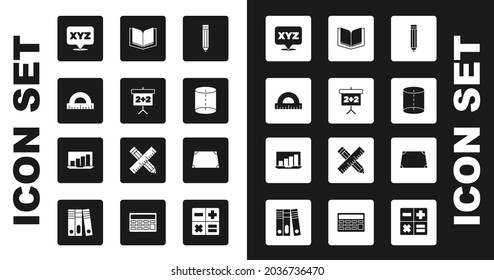 Set Pencil, Chalkboard, Protractor, XYZ Coordinate system, Geometric figure, Open book, Acute trapezoid shape and Laptop with graph chart icon. Vector