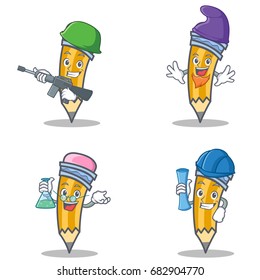 Set of pencil character with army elf professor architect