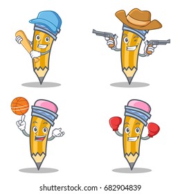 Set of pencil character with baseball cowboy basketball boxing