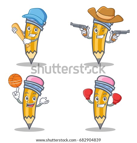 Set of pencil character with baseball cowboy basketball boxing