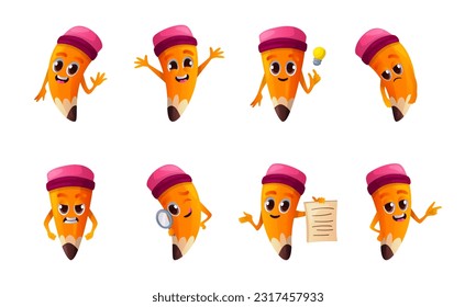 Set of сute pencil character in different poses. Personages with eyes, hands, expression.School supplies, education stationery mascot emoticon.Funny educational stuff face emoji.Back to school vector