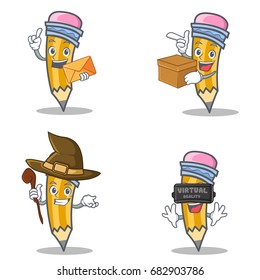 Set of pencil character with envelope box witch virtual