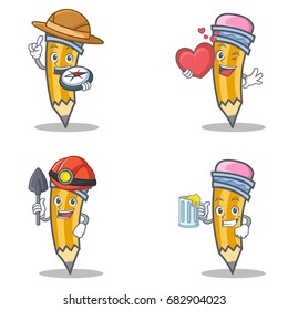 Set of pencil character with explorer heart miner juice