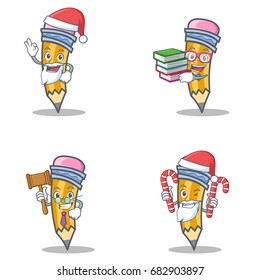Set of pencil character with Santa candy book judge