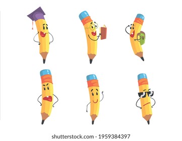 Set of Pencil Characters, Cute Yellow Pencils with Funny Faces Cartoon Vector Illustration