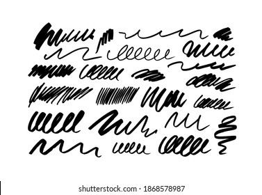 Set of pencil or charcoal brush strokes. Pencils doodle drawing and scratches. Vector freehand lines, dots, small dashes. Sloppy pencil strokes collection. Monochrome sketches, chaotic scribbles