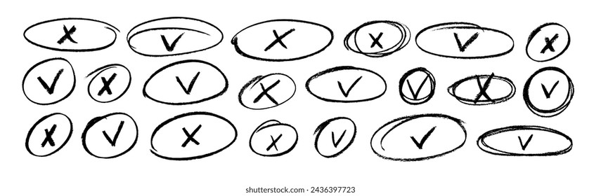 Set of pencil check marks and crosses in ellipse and circle frames. Hand drawn vector filled boxes for answers in test, confirmation or negation charcoal drawn icons. Doodle check marks and crosses.