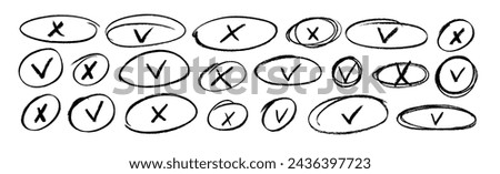 Set of pencil check marks and crosses in ellipse and circle frames. Hand drawn vector filled boxes for answers in test, confirmation or negation charcoal drawn icons. Doodle check marks and crosses.