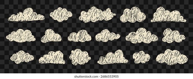 Set of pencil clouds. Chalkboard grunge elements. Abstract hand drawn collection with rough texture for street style designs. Vector illustration.
