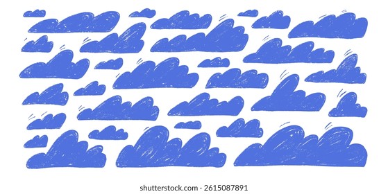 Set of pencil clouds. Pack of naive hand drawn skies elements. Baby chalk textural symbols. Pastel doodles cloudy weather speech bubbles. Vector illustration drawn in charcoal on white backgrounds.