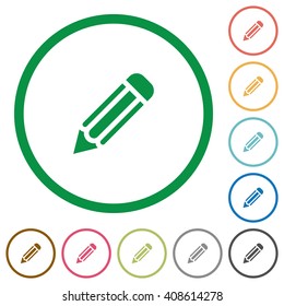 Set of pencil color round outlined flat icons on white background