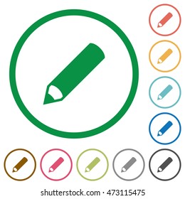 Set of pencil color round outlined flat icons on white background