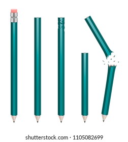 Set of pencil in different states - with eraser, plain, chewed, short, broken. Vector illustration isolated on white background