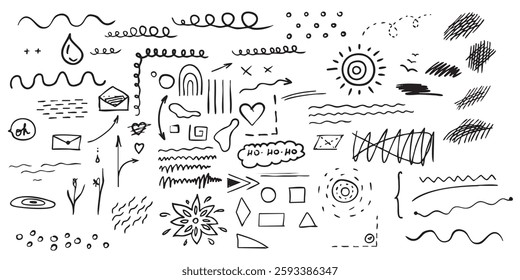 Set Pencil doodls auxiliary elements: Line and Shape Play, Squiggles and Scribbles, Circles and Dots, Waves and Undulations, Triangles and Squares, Arches and Ovals, Drips and Drops, Organic Blobs
