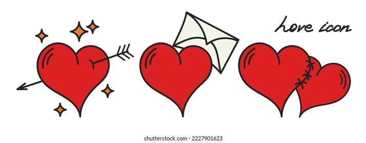 Set pencil drawing cartoon style  Flat design  Hand drawn vector love icons  Arrow  hearts   envelope  Day valentine  White isolated background 