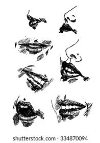 Set pencil drawing lips. Realistic sketch vector