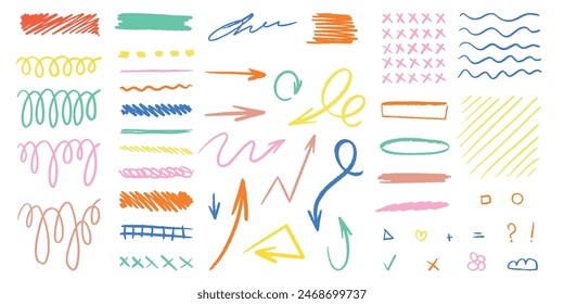 Set of pencil drawn curly lines, curls and shapes. Hand drawn vector pencil lines and logos. A bright drawing with charcoal or chalk. Vector pencil texture