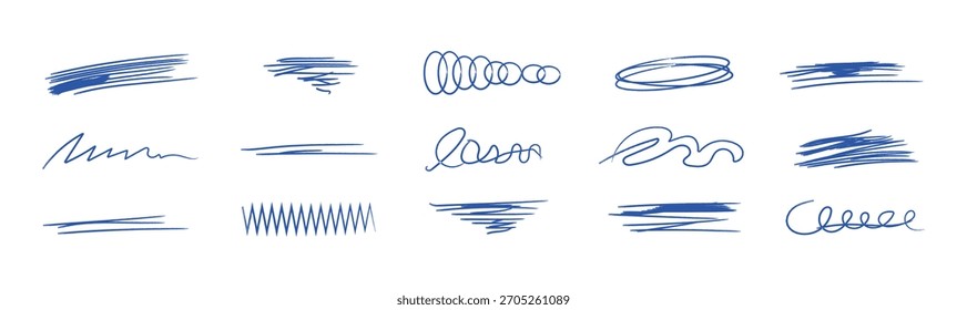 Conjunto de linhas desenhadas a lápis. Traçado de pincel de pintura desenhado à mão de linhas. Vetor isolado no branco. Rabisco desenhado à mão.