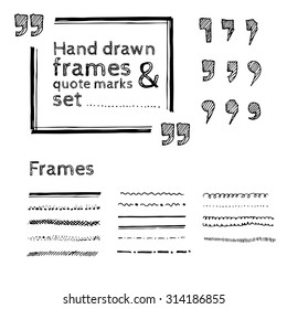 Set of pencil drawn quote marks and frames isolated on white background. Quote text bubble. Editable vector