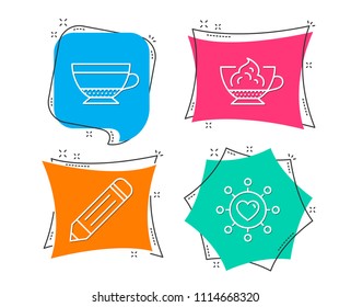 Set of Pencil, Dry cappuccino and Espresso cream icons. Dating network sign. Edit data, Beverage mug, Cafe con panna. Relationships network.  Flat geometric colored tags. Vivid banners. Vector