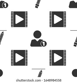 Set Pencil with eraser, Add to friend and Play Video on seamless pattern. Vector