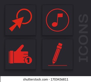 Set Pencil with eraser, Arrow cursor, Music note, tone and Hand like icon. Vector