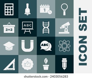 Set Pencil with eraser, Atom, Microscope, Calendar first september date, Chalkboard, Calculator and DNA symbol icon. Vector