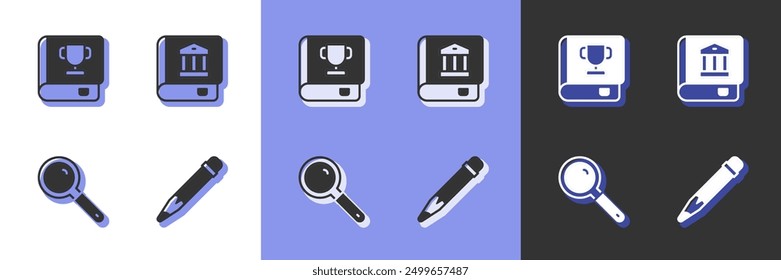 Set Pencil with eraser, Book, Magnifying glass and Law book icon. Vector