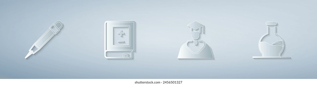 Set Pencil with eraser, Book mathematics, Graduate and graduation cap and Test tube. Paper art style. Vector