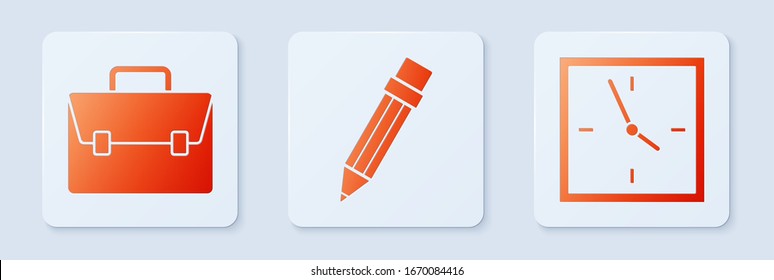 Den Bleistift mit Radiergummi, Briefkasten und Uhr setzen. Weißer Quadrat-Knopf. Vektorillustration