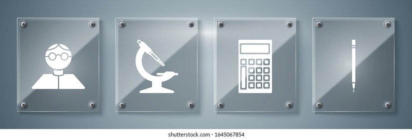 Set Pencil with eraser, Calculator, Microscope and Student. Square glass panels. Vector