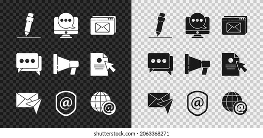 Set Pencil with eraser, Chat messages notification on monitor, Website and envelope, Envelope, Shield mail e-mail, Earth globe, Speech bubble chat and Megaphone icon. Vector