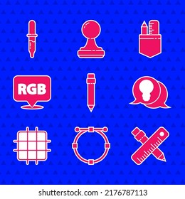 Set Pencil with eraser, Circle Bezier curve, Crossed ruler and pencil, Light bulb concept of idea, Grid graph paper, Speech bubble RGB CMYK,  and Pipette icon. Vector