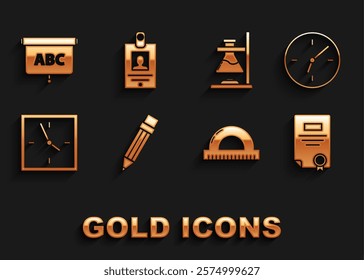 Set Pencil with eraser, Clock, Certificate template, Protractor grid for measuring degrees, Glass test tube flask on fire, Chalkboard and Identification badge icon. Vector