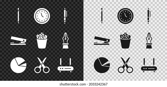 Set Pencil with eraser, Clock, Pie chart infographic, Scissors, Router and wi-fi signal, Office stapler and Full trash can icon. Vector