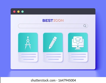 Set Pencil with eraser, Drawing compass and Monitor with graduation cap icon. Vector