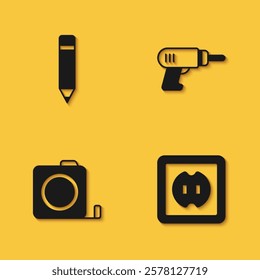 Set Pencil with eraser, Electrical outlet, Roulette construction and drill machine icon with long shadow. Vector