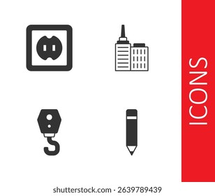 Set Pencil with eraser, Electrical outlet, Crane hook and City landscape icon. Vector