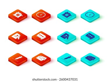 Set Pencil with eraser, Envelope, Document and cursor, Speech bubble chat, Clock and House icon. Vector