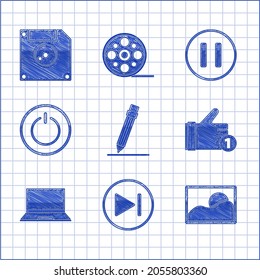 Set Pencil with eraser, Fast forward, Picture landscape, Hand like, Laptop, Power button, Pause and Floppy disk computer data storage icon. Vector